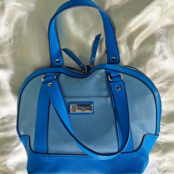 SATCHEL, LEATHER, BLUE WITH MULTICOLOUR FLORAL, TOP DOUBLE ZIP CLOSURE, TWO - Picture 3 of 16